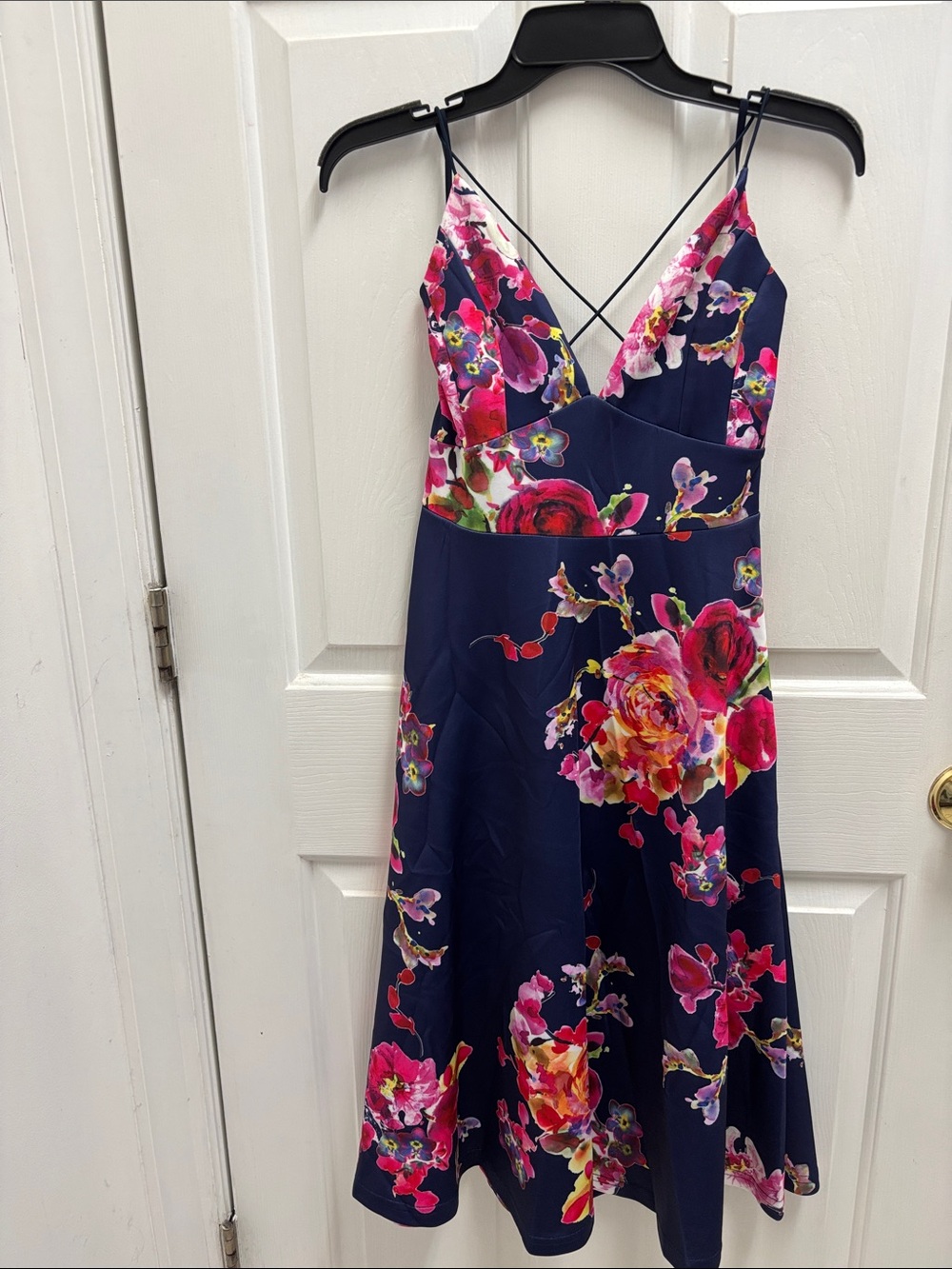 Women’s Navy Floral A-Line Dress with Spaghetti Straps